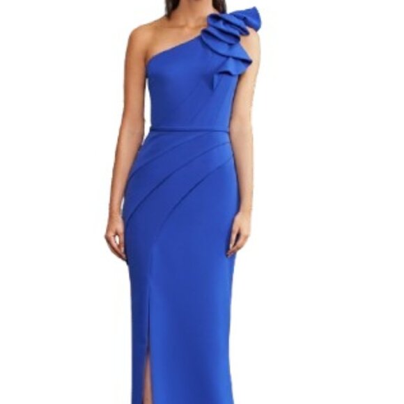 Blue One Shoulder Sleeveless Gown for Wedding Guest